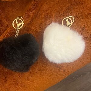 SET OF TWO large FUR HEART KEY CHAIN CHARMS- BLACK HEART AND WHITE HEART